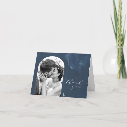 Custom Arch Shape Wedding Foto Navy Blue Dankeskarte (Vorderseite)