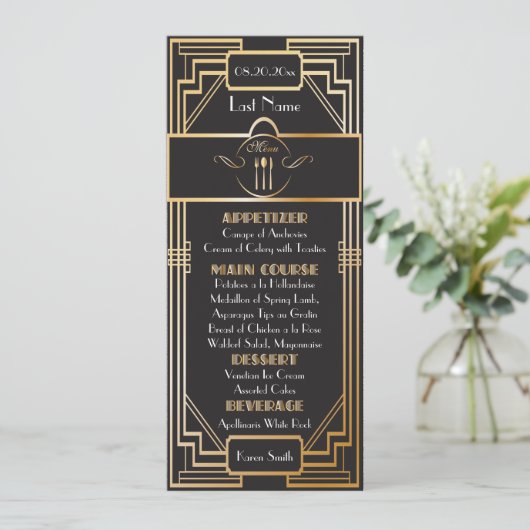 Custom - Art Deco Black and Gold Gatsby Wedding Menükarte (Stehend Vorderseite)
