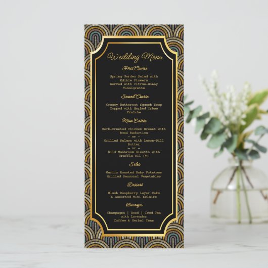 Custom Art Deco Embroidered-Style Wedding Menu Menükarte (Stehend Vorderseite)