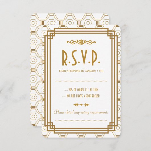 Custom Art Deco White Wedding RSVP Cards (Vorne/Hinten)