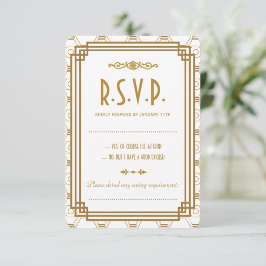 Custom Art Deco White Wedding RSVP Cards (Stehend Vorderseite)