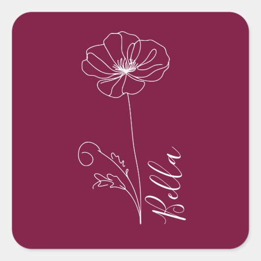 Custom August Poppy Birth Blume Geschenk zum Gebur Quadratischer Aufkleber (Vorderseite)