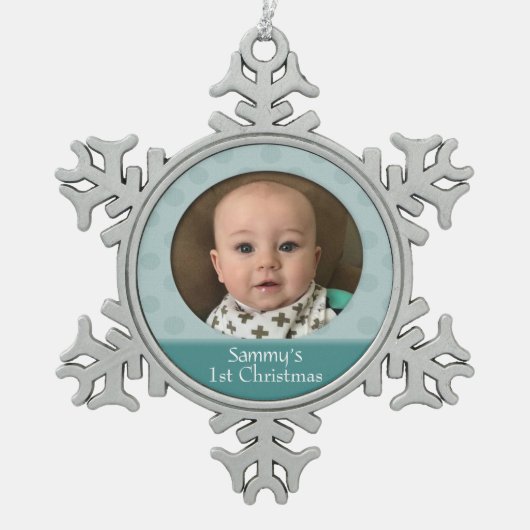 Custom Baby 1. Weihnachtsfest Foto Snowflake Ornam Schneeflocken Zinn-Ornament (Vorderseite)