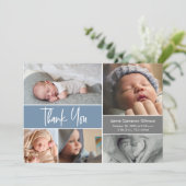 Custom Baby Boy Dusty Blue Dusche Foto Dankeskarte (Stehend Vorderseite)