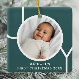 Custom Baby Boy's First Christmas Foto Green Keramikornament