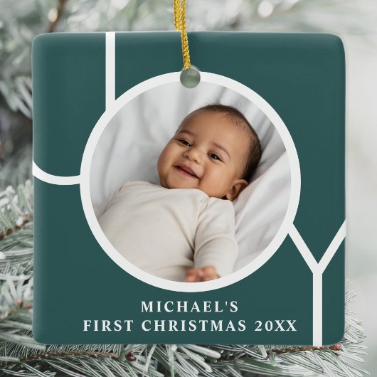 Custom Baby Boy's First Christmas Foto Green Keramikornament