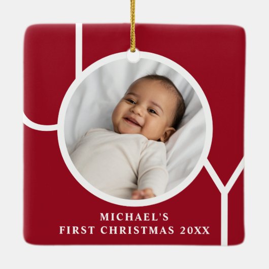 Custom Baby Boy's First Christmas Foto Red Keramikornament (Rückseite)