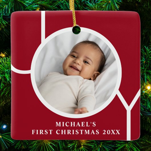 Custom Baby Boy's First Christmas Foto Red Keramikornament