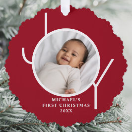 Custom Baby Boy's First Christmas Foto Red Ornament Karte
