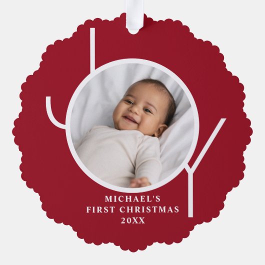 Custom Baby Boy's First Christmas Foto Red Ornament Karte (Rückseite)