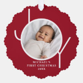 Custom Baby Boy's First Christmas Foto Red Ornament Karte (Vorderseite)