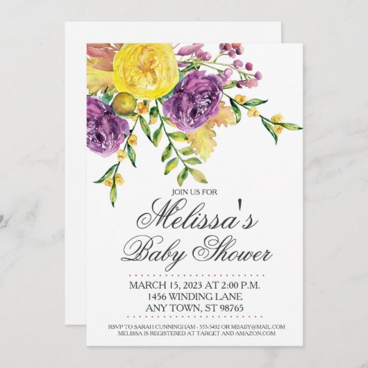 Custom Baby Dusche einladen, Lila gelbe Blüte Einladung (Vorne/Hinten)