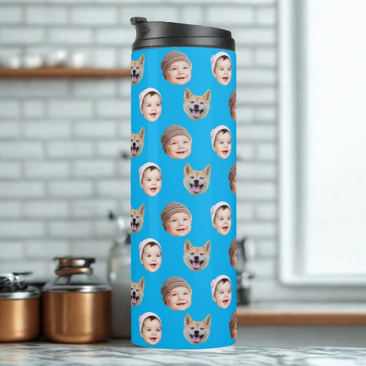Custom Baby Face, Custom Family 3 Fotos Blau Thermosbecher