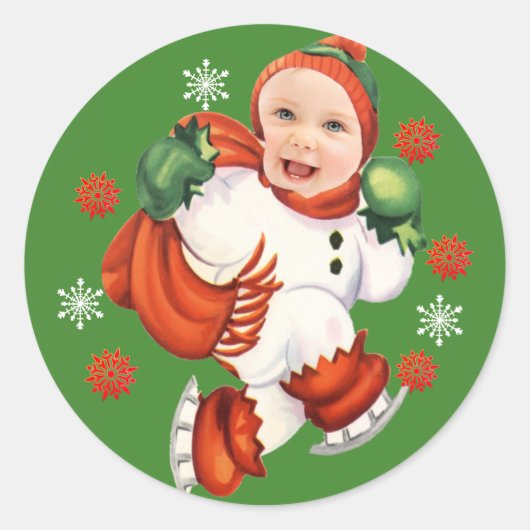 Custom Baby Face Foto Chubby Santa Snowflakes Runder Aufkleber (Vorderseite)