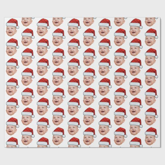 Custom Baby Face Photo Santa Hat Christmas White Geschenkpapier (Flach)