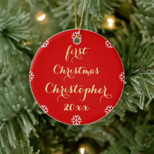 Custom Baby First Christmas Imitate Gold Script Na Keramikornament