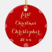 Custom Baby First Christmas Imitate Gold Script Na Keramikornament (Vorne)