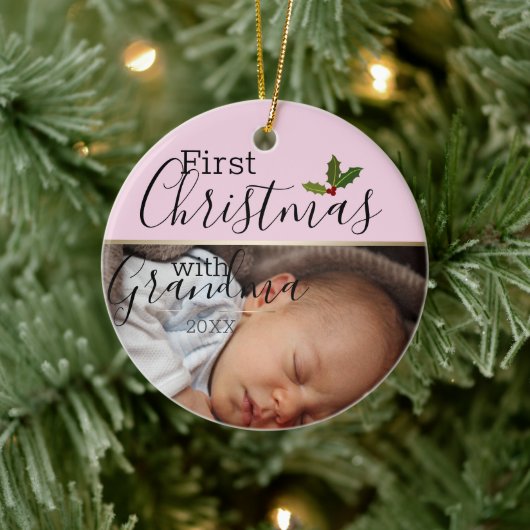 Custom Baby Foto Erste Weihnachtsfeier mit Oma Keramik Ornament (Baum)