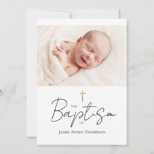 Custom Baby Foto Taufe Gold Cross Chic Einladung (Vorderseite)