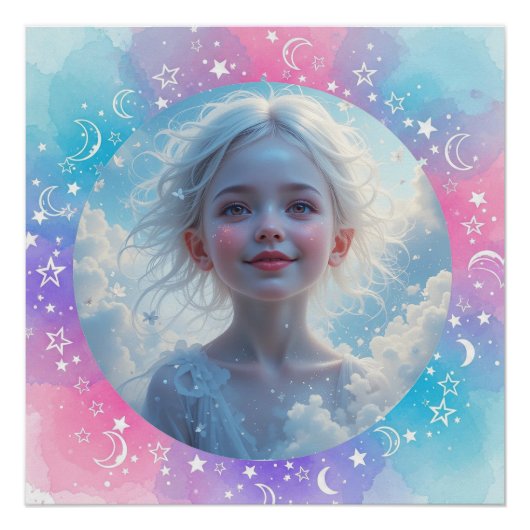 Custom Baby Girl - Pastel Watercolor Stars & Moon Poster (Vorderseite)