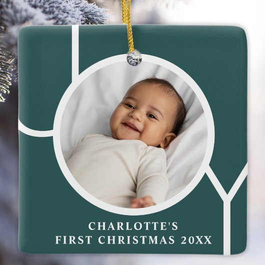 Custom Baby Girl's First Christmas Foto Green Keramikornament