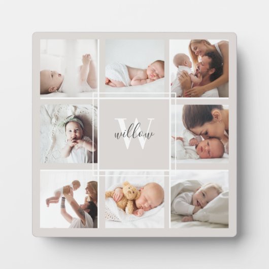 Custom Baby Name & Monogram Foto Collage Grau Fotoplatte (Vorderseite)