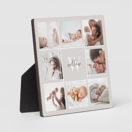 Custom Baby Name & Monogram Foto Collage Grau Fotoplatte (Vorderseite)