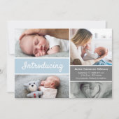 Custom Baby Photo Collage Blue White Modern Script (Vorderseite)