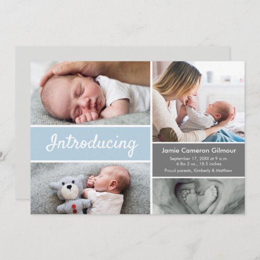 Custom Baby Photo Collage Blue White Modern Script (Vorne/Hinten)