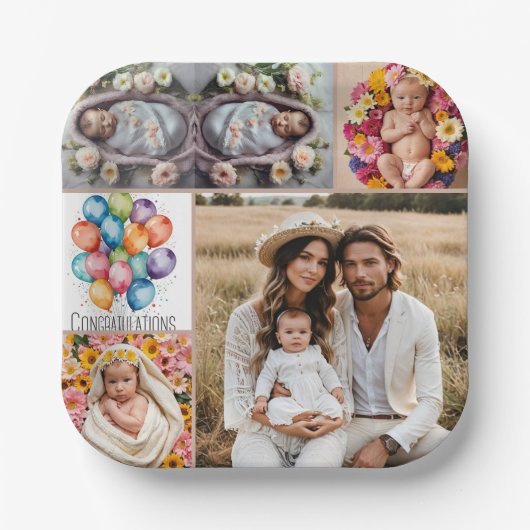 Custom Baby Photo Paper Plate – Brown Frame  Pappteller (Vorderseite)