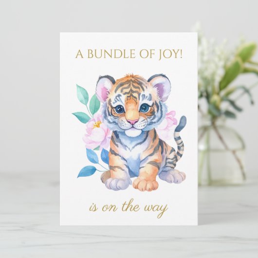 Custom Baby Tiger mit Blume Babydusche Einladung (Stehend Vorderseite)