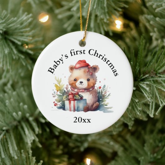 Custom Baby's First Christmas Bear Geschenke Keramik Ornament (Baum)