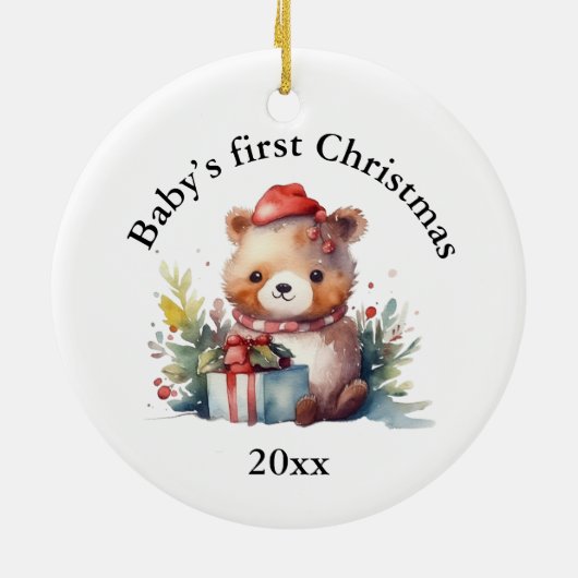 Custom Baby's First Christmas Bear Geschenke Keramik Ornament (Hinten)