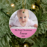 Custom Baby's First Christmas Keramik Ornament<br><div class="desc">Das erste Weihnachtsschmuck des Babys. Sie können den Namen,  die Bilder,  das Jahr und die Feier Typ anpassen.</div>