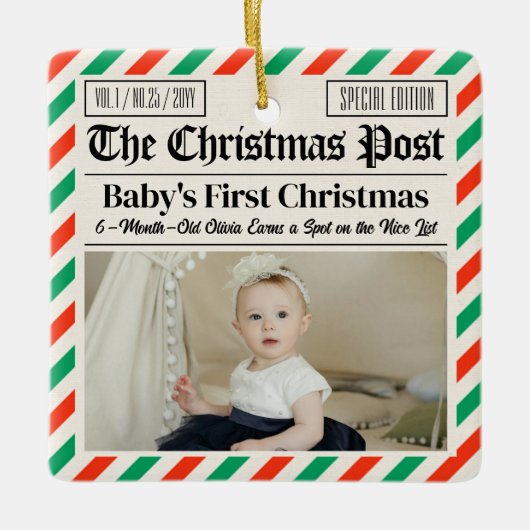 Custom Baby's First Christmas Newspaper Keramikornament (Vorderseite)