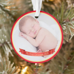 Custom Baby's First Christmas Red Banner Foto Ornament