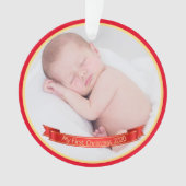 Custom Baby's First Christmas Red Banner Foto Ornament (Vorderseite)