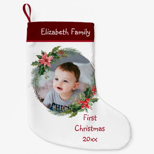Custom Baby's Foto Erste Weihnacht - Name Jahr Kleiner Weihnachtsstrumpf (Vorderseite)