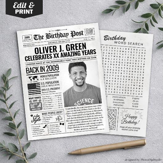 Custom Back in 2009 Newspaper Birthday Card, Trend Feiertagskarte