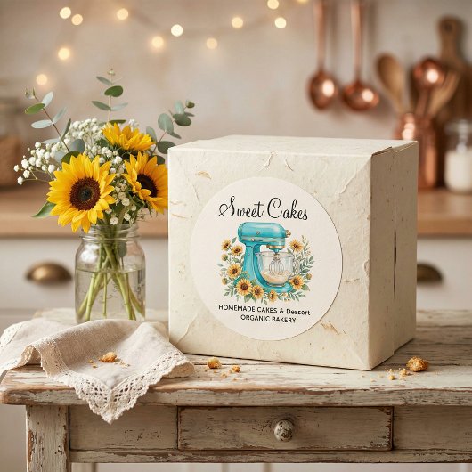 Custom Bakery Sticker – Vintage Mixer & Sunflowers