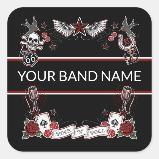 Custom Band Merch Rockabilly Tattoo Rock Music Quadratischer Aufkleber (Vorderseite)