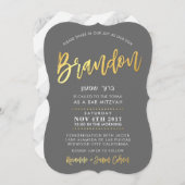 CUSTOM Bar Mitzvah Einladung für Brandon grau + go (Vorne/Hinten)