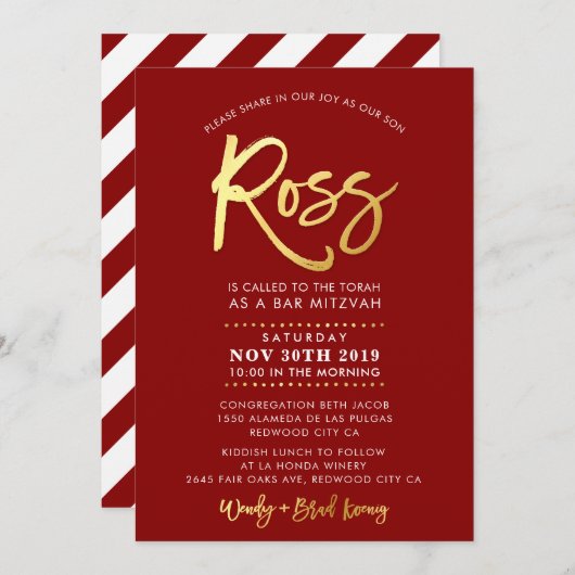 CUSTOM Bar Mitzvah Einladung für Rossrot + Gold (Vorne/Hinten)