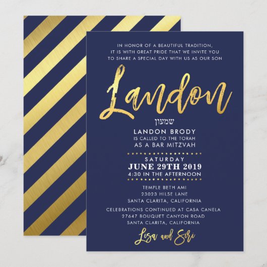 CUSTOM Bar Mitzvah Invite Marine blue + gold LANDO Einladung (Vorne/Hinten)