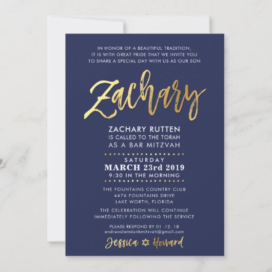 CUSTOM Bar Mitzvah Moderne Marine + Gold ZACHARY Einladung (Vorderseite)