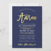 CUSTOM Bar Mitzvah moderne Marine + Goldname AARON Einladung (Vorderseite)