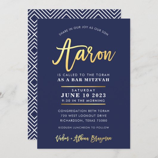 CUSTOM Bar Mitzvah moderne Marine + Goldname AARON Einladung (Vorne/Hinten)