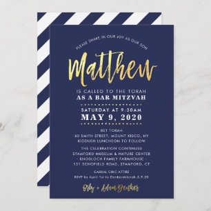 CUSTOM Bar Mitzvah moderne Marine + Goldname MATTH Einladung
