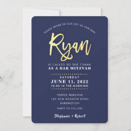 CUSTOM Bar Mitzvah moderne Marine + Goldname RYAN  Einladung