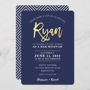 CUSTOM Bar Mitzvah moderne Marine + Goldname RYAN Einladung